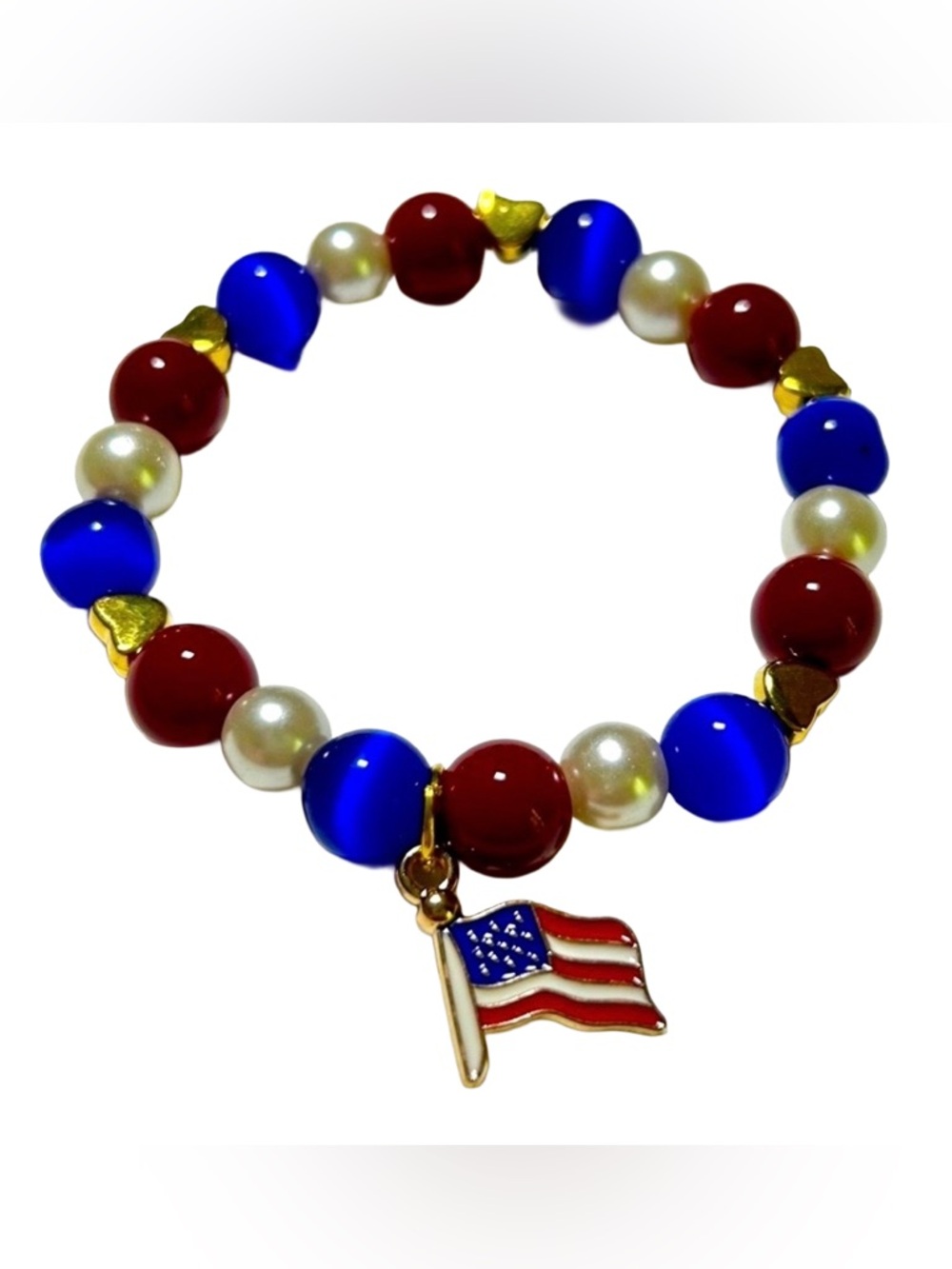 Handmade Red, White & Blue Beaded Bracelet with American Flag Charm